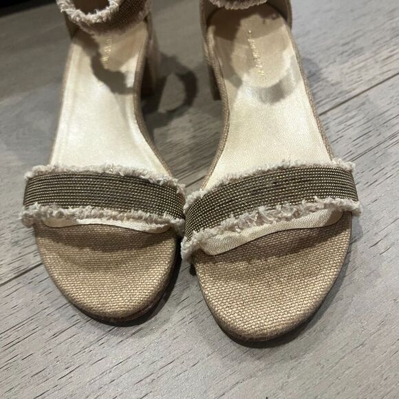 Stuart Weitzman Nudistchains Canvas Gold Sandals Tweed  Block US 6 - Picture 5 of 15